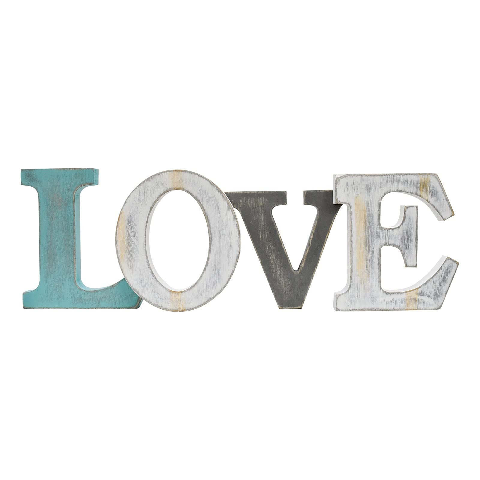 E-view Wooden Letters Sign Decorative Wood Block Signs Freestanding Word Cutout Distressed Teal Sign for Shelf Table Mantle Hanging Ornament Rustic Home Decor (Love)