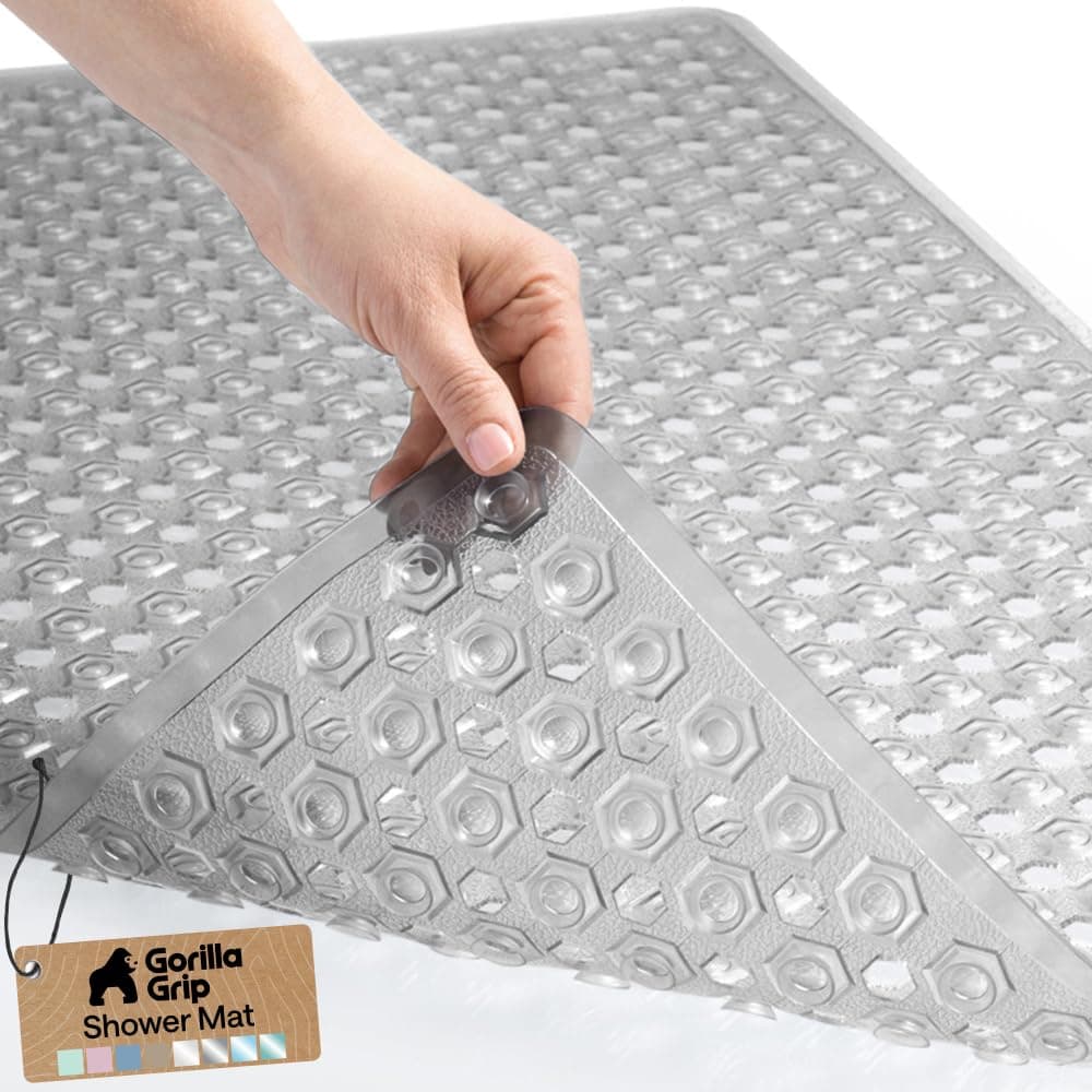 GORILLA GRIP Patented Bath Tub Shower Mat, Machine Washable Bathtub Floor Liner Mats, Suction Cups and Drain Holes to Keep Tubs Clean, Soft on Feet, Bathroom Essentials, 35x16 Inch, Clear Gray