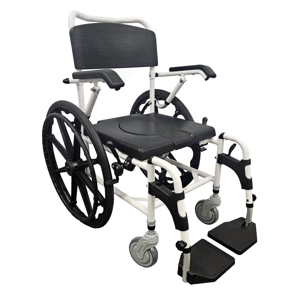 Self propel Wheeled mobile commode shower chair with footrests and flip up armrests