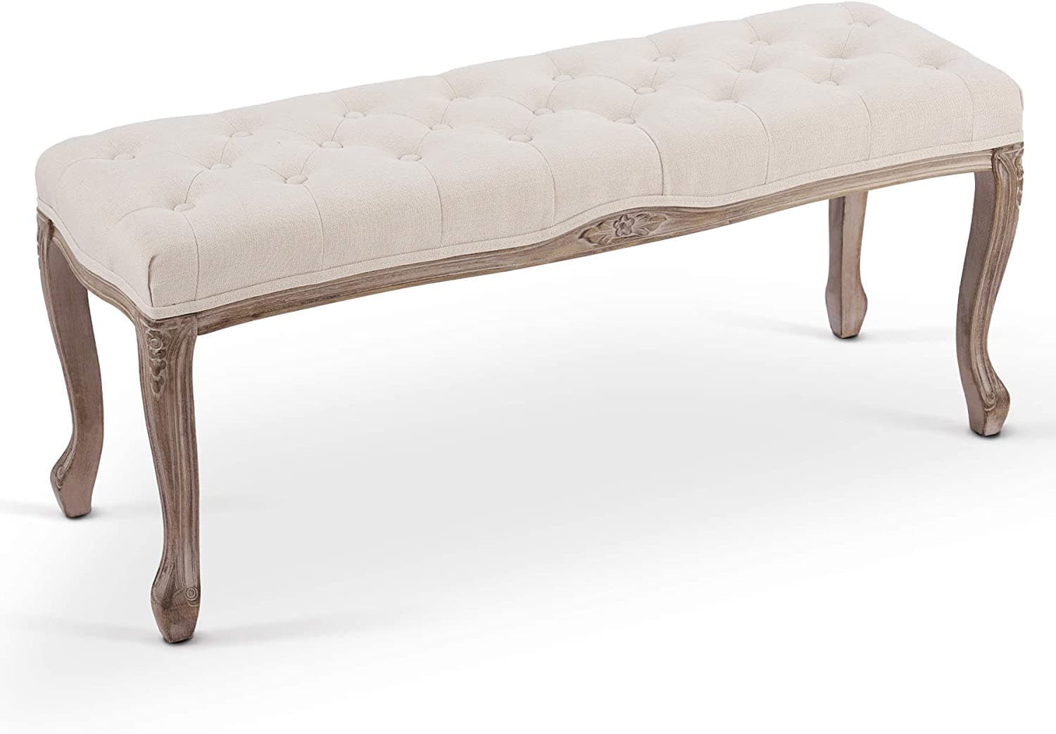 VONLUCE French Vintage Bench, 44" Memory Foam Upholstered Entryway & Dining Bench, Tufted Fabric End of Bed Bench, Beige