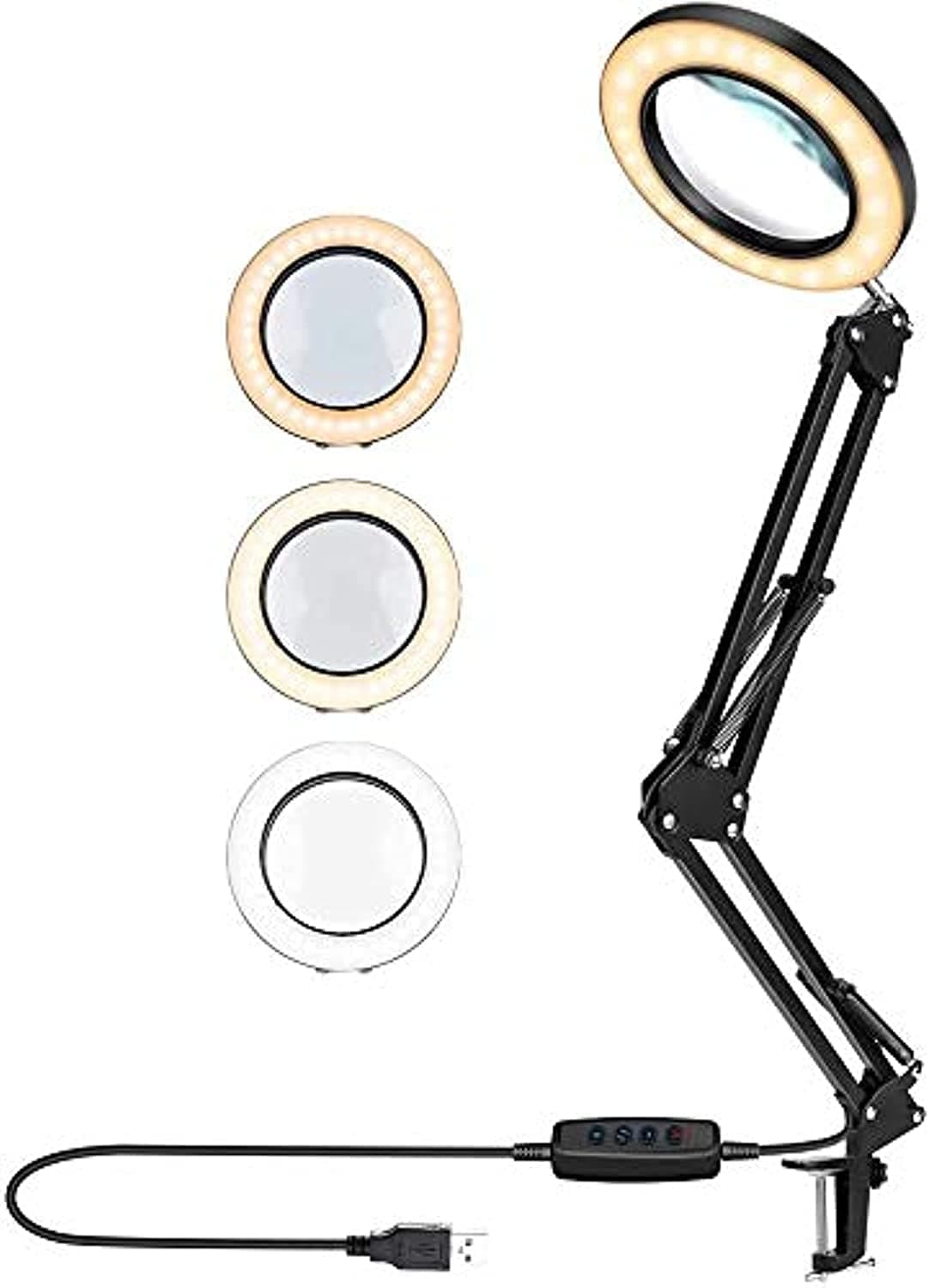LED Desk Lamp, 8X LED Magnifying Lamp Adjustable Eye-Caring Reading Lamp with Clamp, Metal Swing Arm Magnifier Light 3 Colors Illuminated for Reading, Studying, Office, Rework Craft With Charger