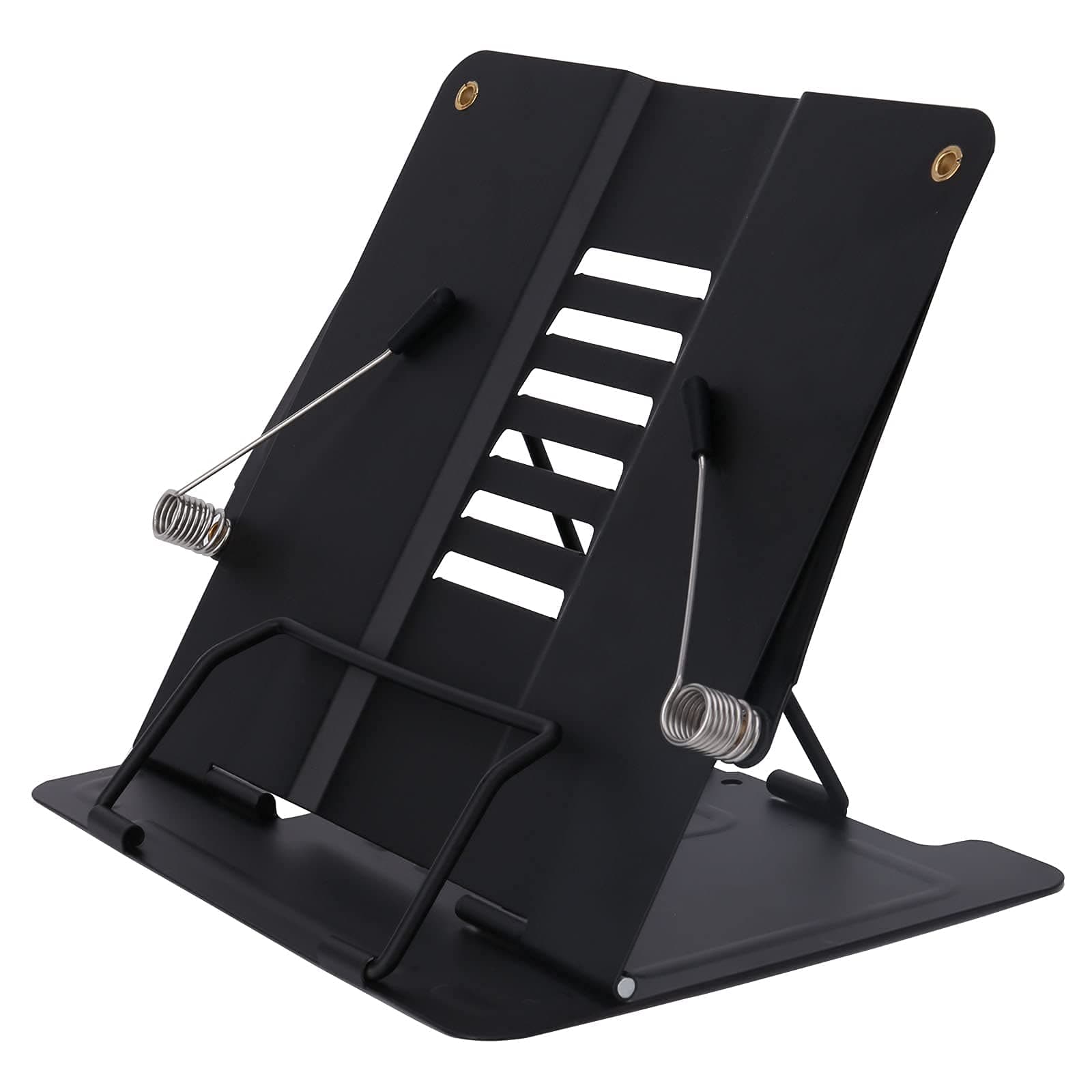 CLUEMART Metal Book Stand,Cookbook Stand & Holder for Reading,Portable Foldable Recipe Book Holder with 6 Adjustable Viewing Angles,Perfect for Kitchen Counter Office School (Black)