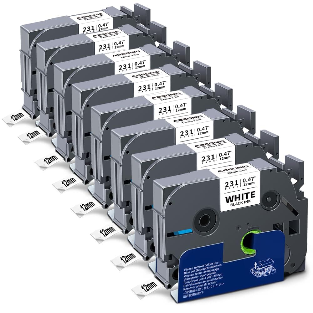 Absonic8-Pack Tze Tz Label Tape 12mm 0.47" White Compatible for Brother PTouch Label Tape 12mm 0.47" Laminated White 1/2" for PTD210 PTD220 PTH110 PTD600 PTD450 PTD400 PTD410 PT1290 Label Maker