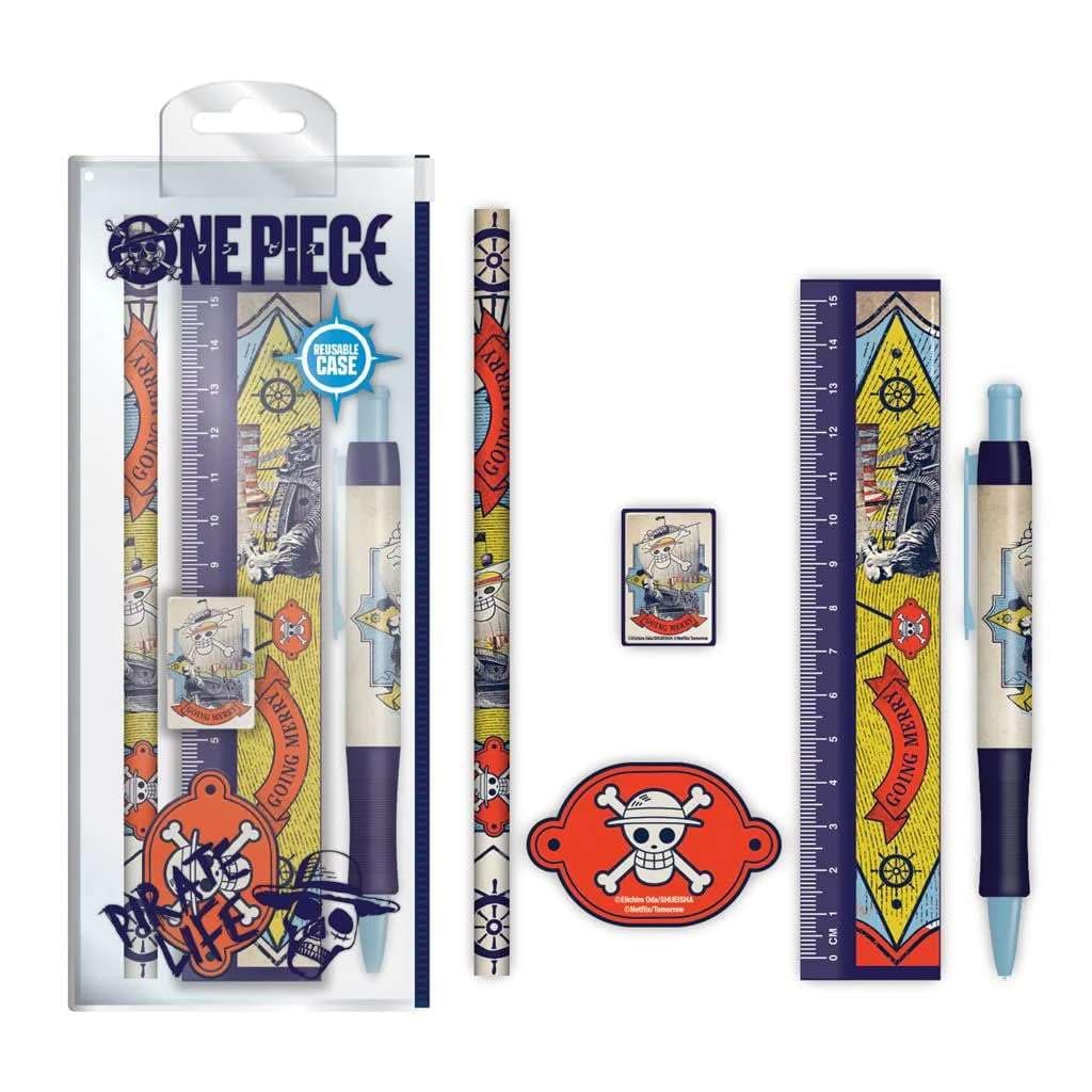 One Piece Stationery Set (Going Merry Design) 5-Piece One Piece Pencil Case with School Supplies - Official Merchandise