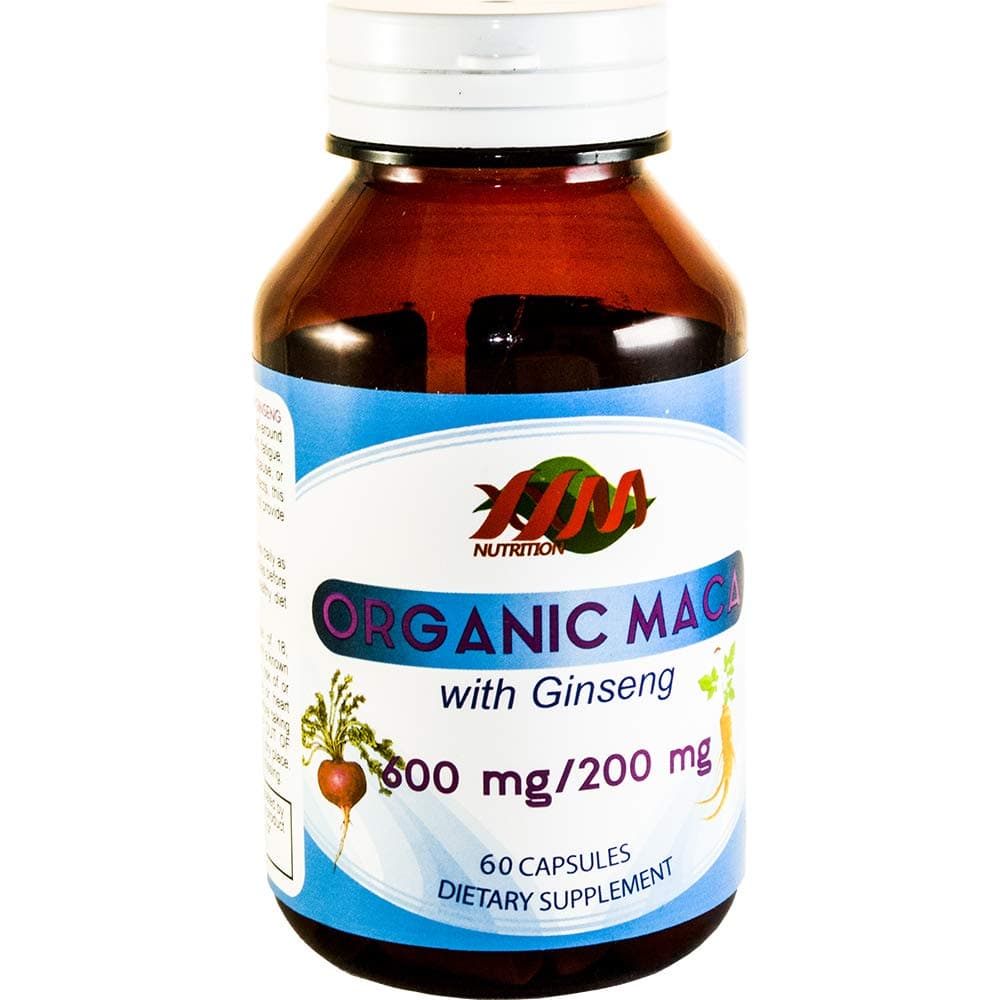 Organic Maca with American Ginseng 600/200 mg Root Powder 60 Capsules, Vege Capsules Extra Strength Supplement w/Right Ginsenosides for Enhance Energy, Mental