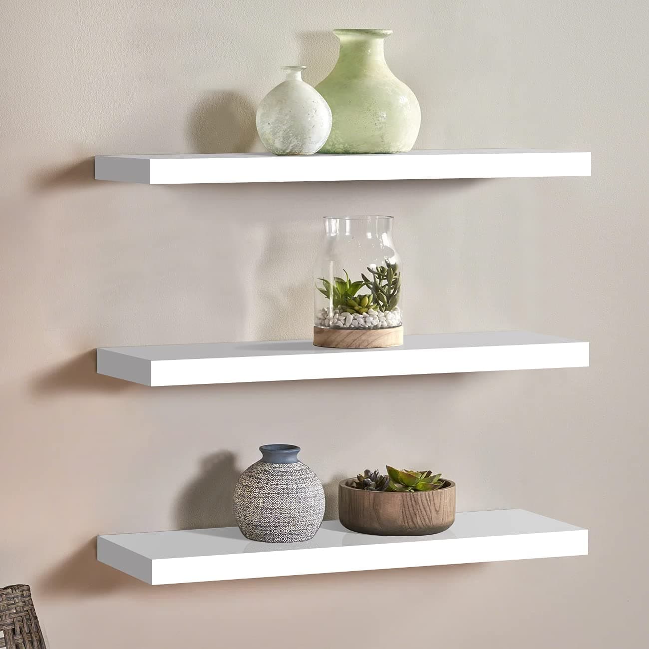 Tiasott Set of 3 Wall Mounted Floating Shelves,White Display Shelf,Solid Wood Shelves Pack,Invisible Storage Shelf for Wall,Organize to Photos,Books,Showpiece,Trophy and More. (T-ZW-2208-1)