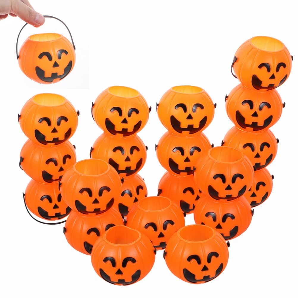 FOMIYES 20 Pcs Mini Pumpkin Bucket Halloween Pumpkin Pail, Trick or Treat Candy Holder Plastic Jack-O-Lantern Pumpkins Holder for Kids Halloween Party Favor Masquerade Decor(Random Eye Style)