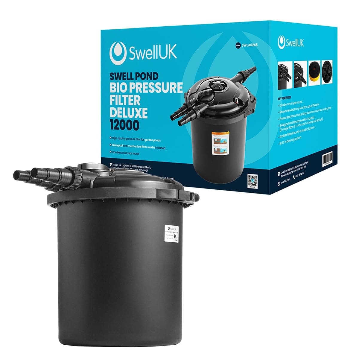 Swell Bio Pressure Filter Deluxe | Self-cleaning pressure filter | Garden Pond Filter | Biological and Mechanical Filter Media | 1 Year Guarantee