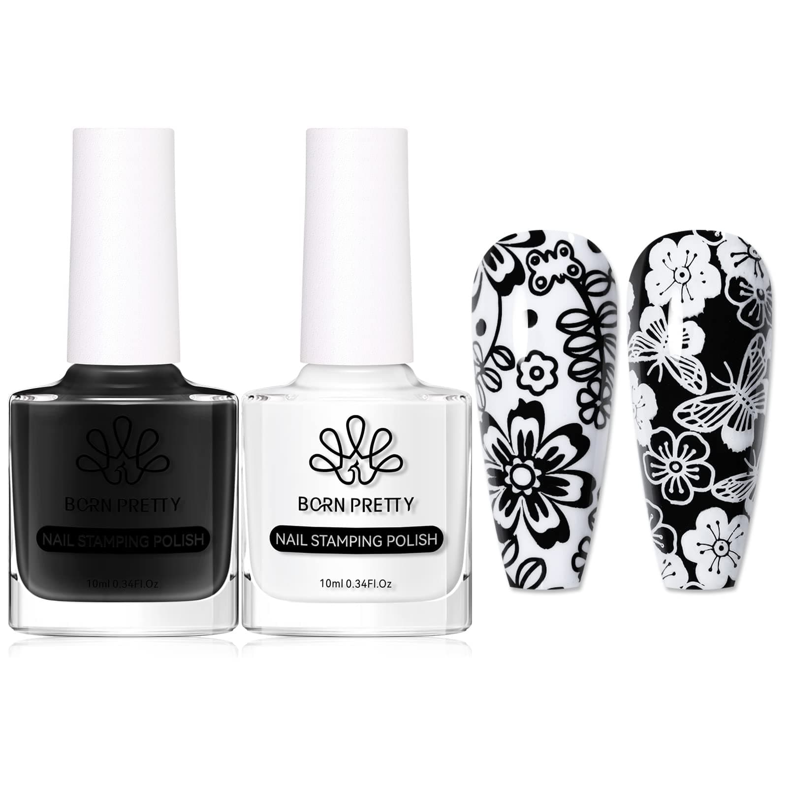 BORN PRETTY Nail Art Stamping Polish White Black Manicure Image Stamp Polish Set Print Polish Varnish 2 Bottles 10ml 0.34fl oz