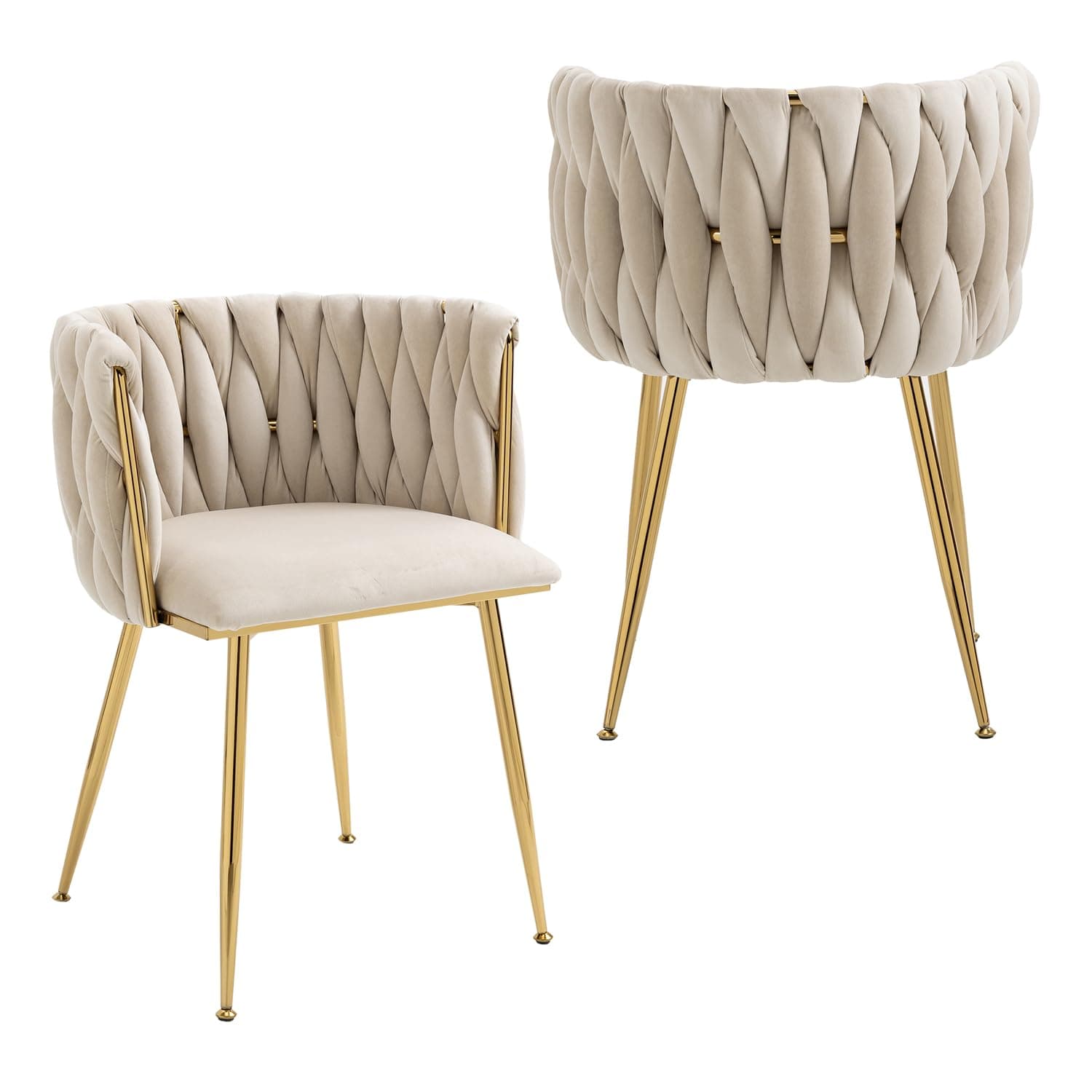 Velvet Dining Chairs Set of 2, Woven Upholstered Dining Chairs with Gold Metal Legs, Modern Accent Chairs for Living Room, Dining Room, Kitchen