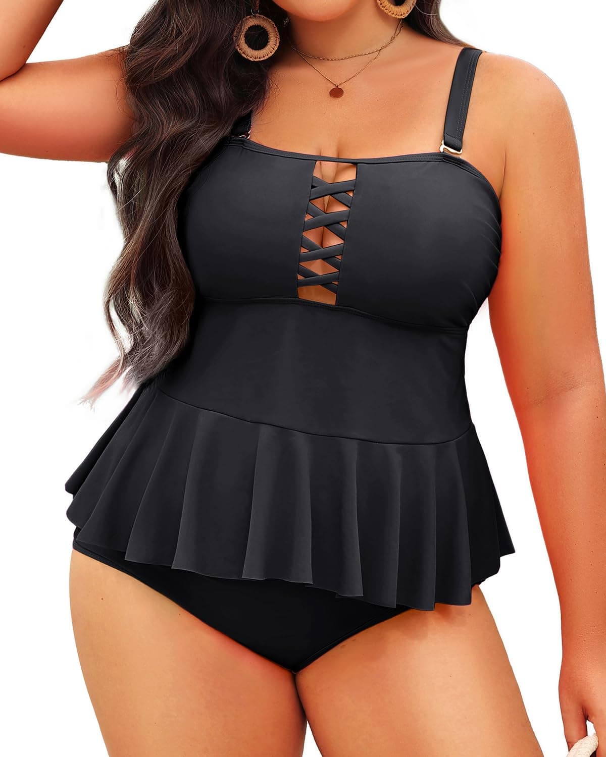 Yonique Plus Size Swimsuits for Women Tummy Control Two Piece Bathing Suits Peplum Tankini Tops High Waisted Swimwear