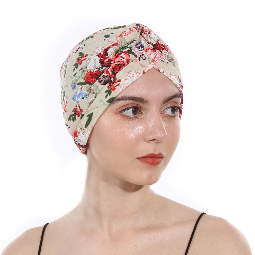 DuoZanWomen’s Cotton Turban Elastic Beanie Printing Sleep Bonnet Chemo Cap Hair Loss Hat