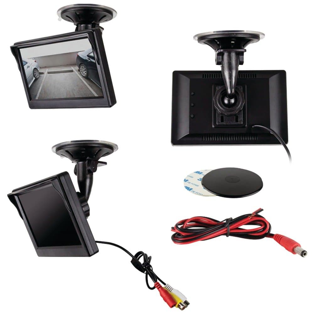 5IN VID MONTR W/ 2 INS, Color Video Monitor with 2 Inputs (5"), 2 video inputs—auto-detecting reverse camera input & video input for other video source, Suction-cup mounts on window or dash with su…