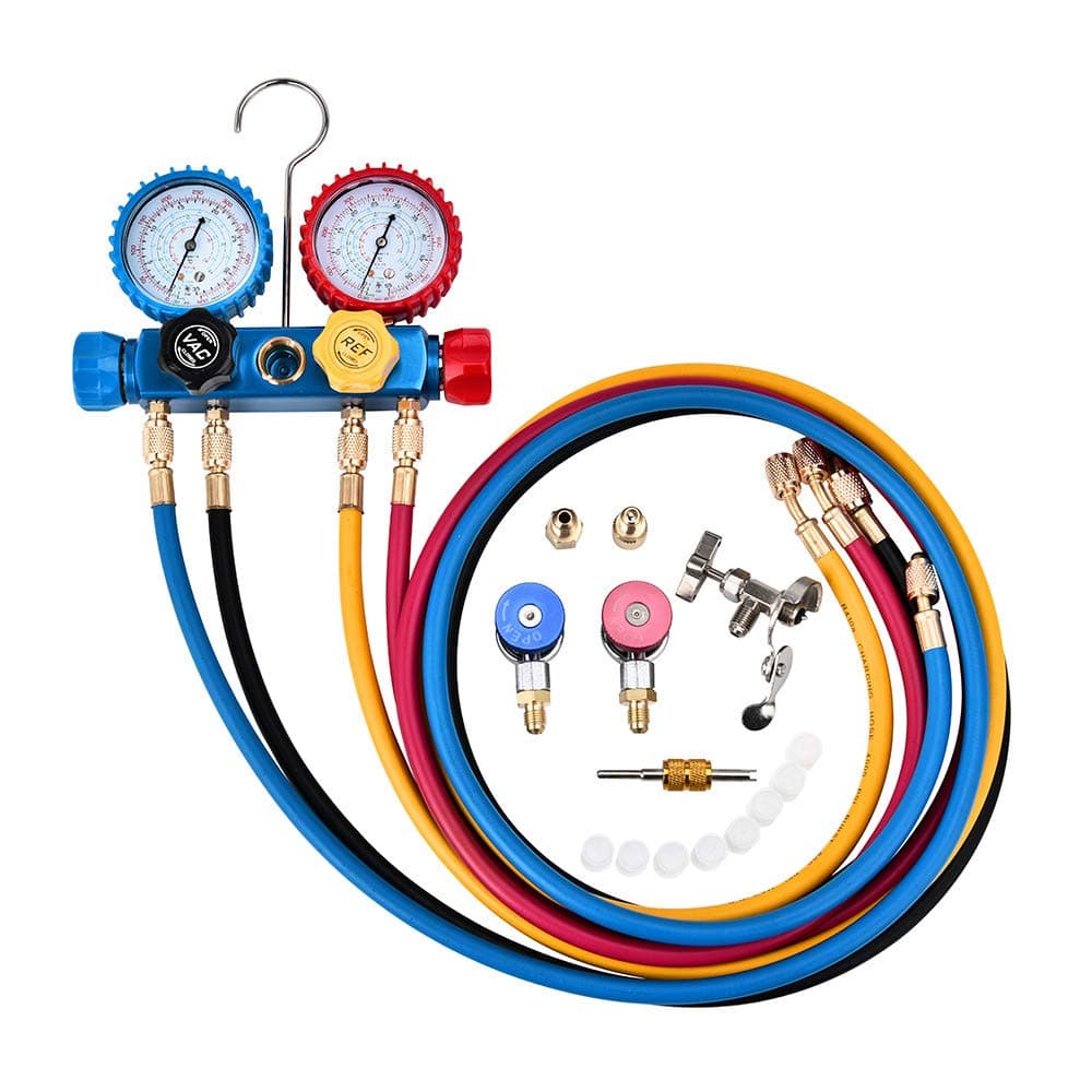 TOPQSC Refrigeration Gauge 4 Way AC Diagnostic Manifold Gauge Set for Freon Charging and Vacuum Pump Evacuation, Fits R134A R410A and R22 Refrigerants, with 5FT Hose, 3 Acme Tank Adapters