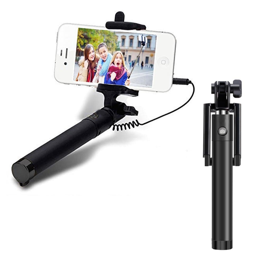 Selfie Stick, XZMPO Wired Extendable Selfie Stick U-Shape Monopod for iPhone 6s, 6, 6 Plus, 5 5s 4s, Samsung Galaxy S6,S6 Edge,S5 & More (Wired, Black)