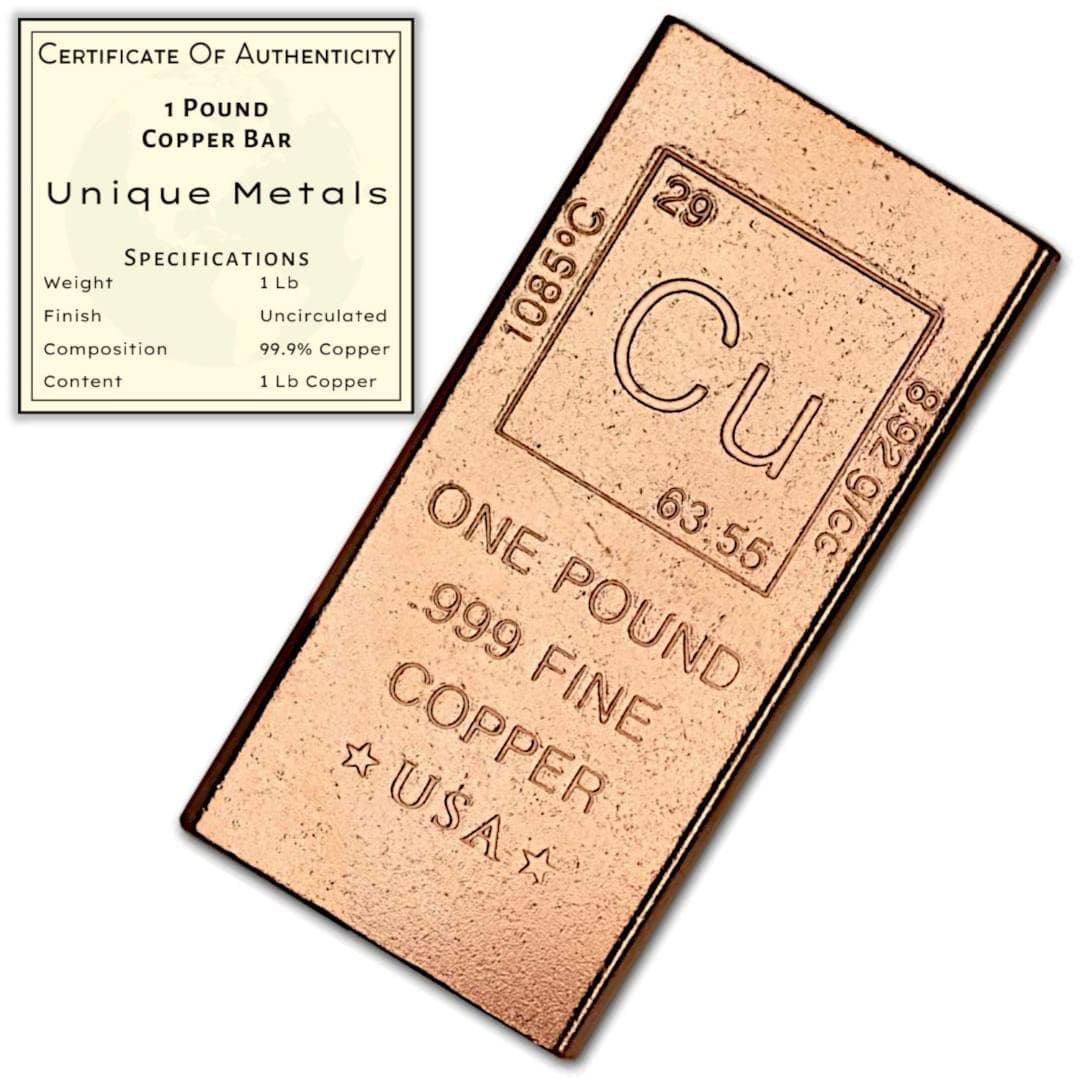 Unique Metals 1 Pound Copper Bar Bullion Paperweight - 999 Pure Chemistry Element Design with Certificate of Authenticity by