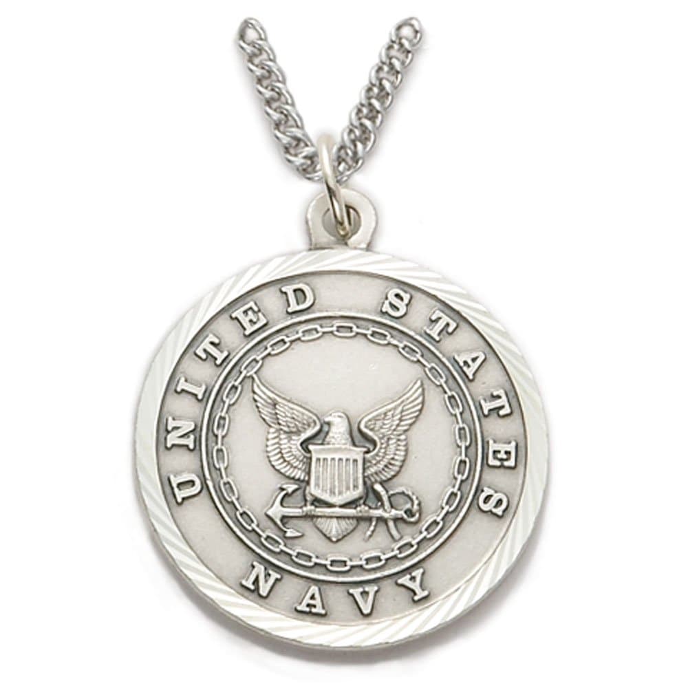 Sterling Silver 1" Round Engraved U.S. Navy Medal w/ St. Michael on Back on 24" Chain