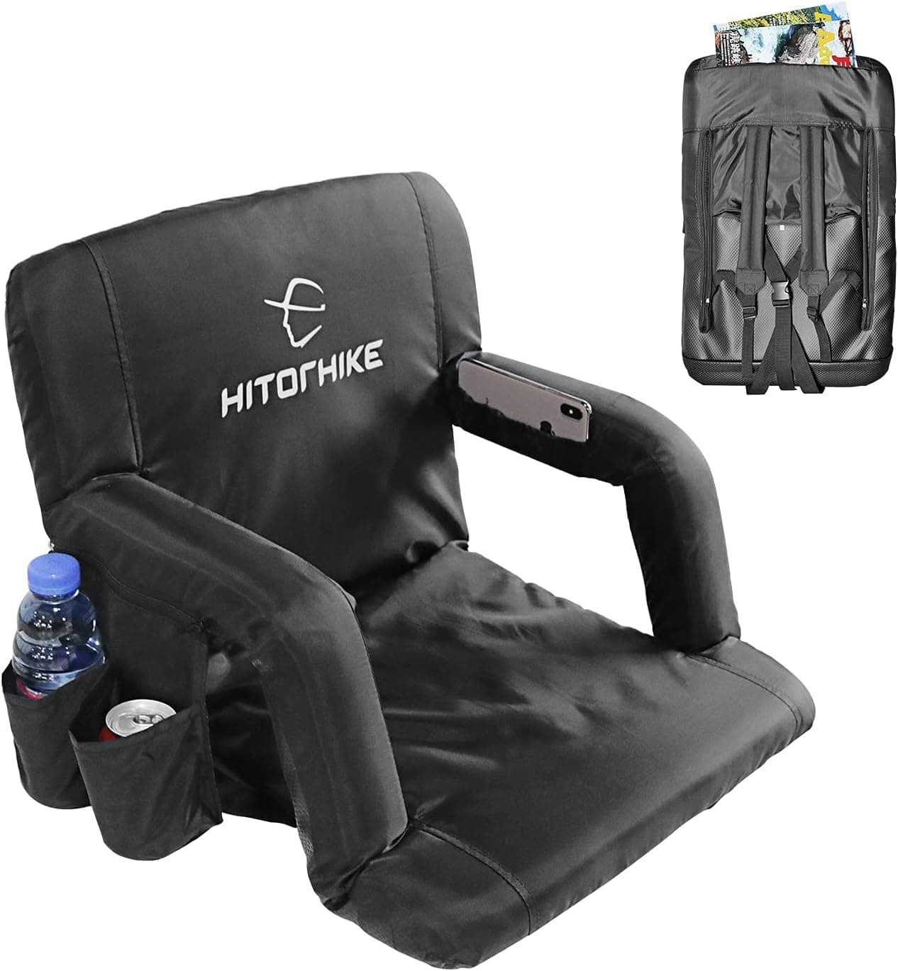 HITORHIKE Stadium Seat for Bleachers or Benches Portable Reclining Stadium Seat Chair with Padded Cushion Chair Back and Armrest Support(Black,21",1PC)