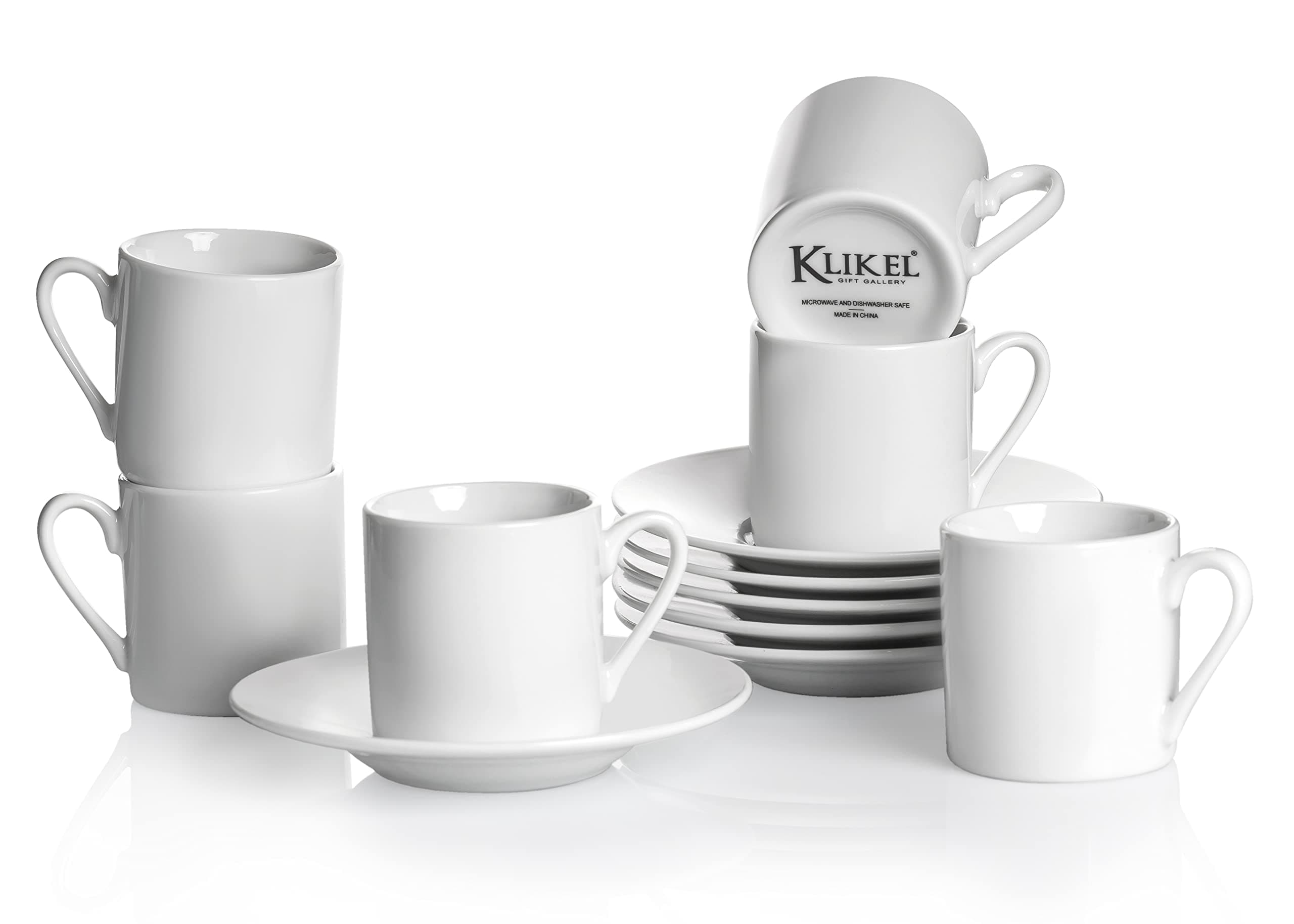 Klikel Espresso Cup And Saucer Set - White Cappuccino Demitasse - Small Coffee Cups For Cuban Coffee or Italian Espresso - Set Of 6