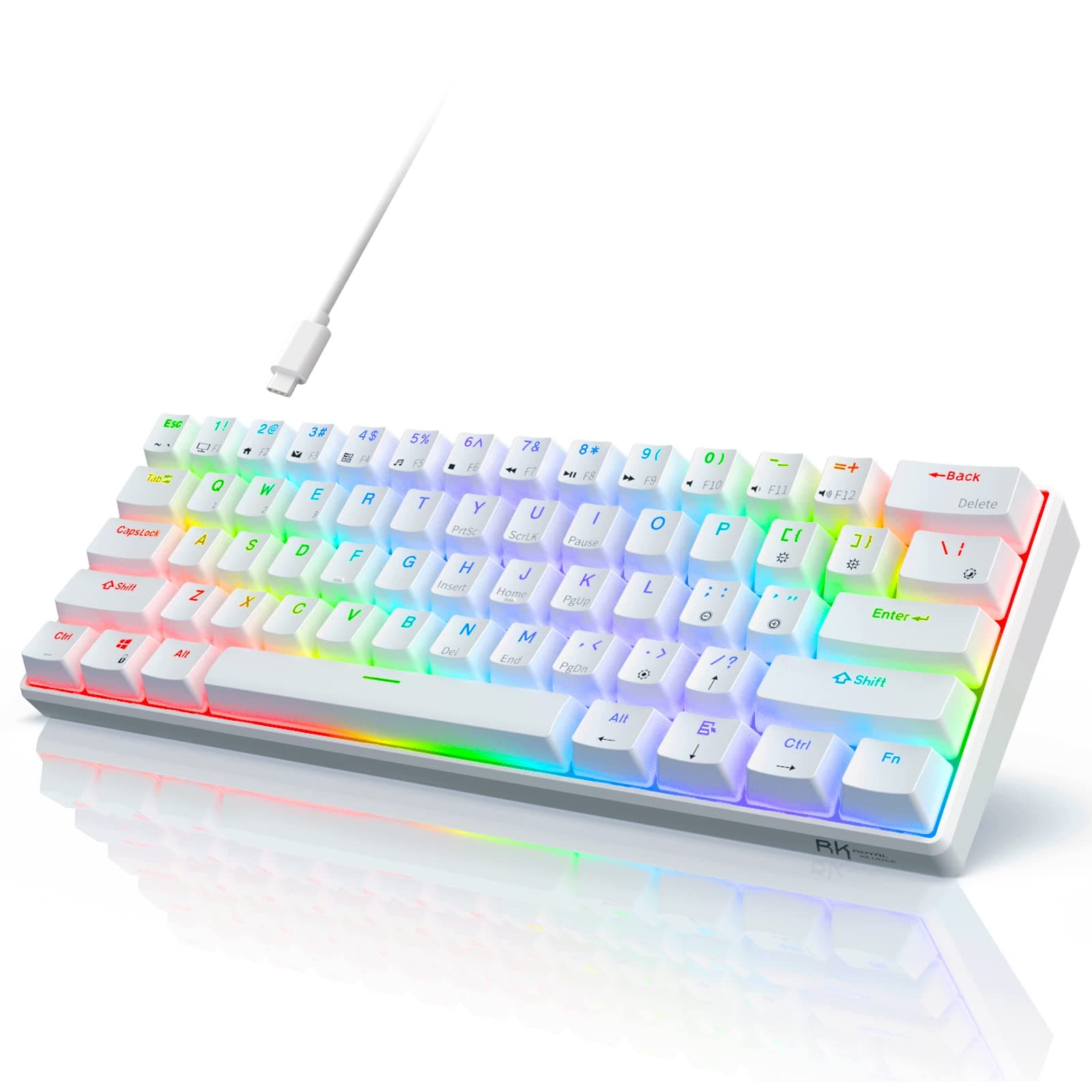 RK61 Wired 60% Mechanical Gaming Keyboard Programmable QMK/VIA RGB Backlit 61 Keys Ultra-Compact Hot Swappable Brown Switch White