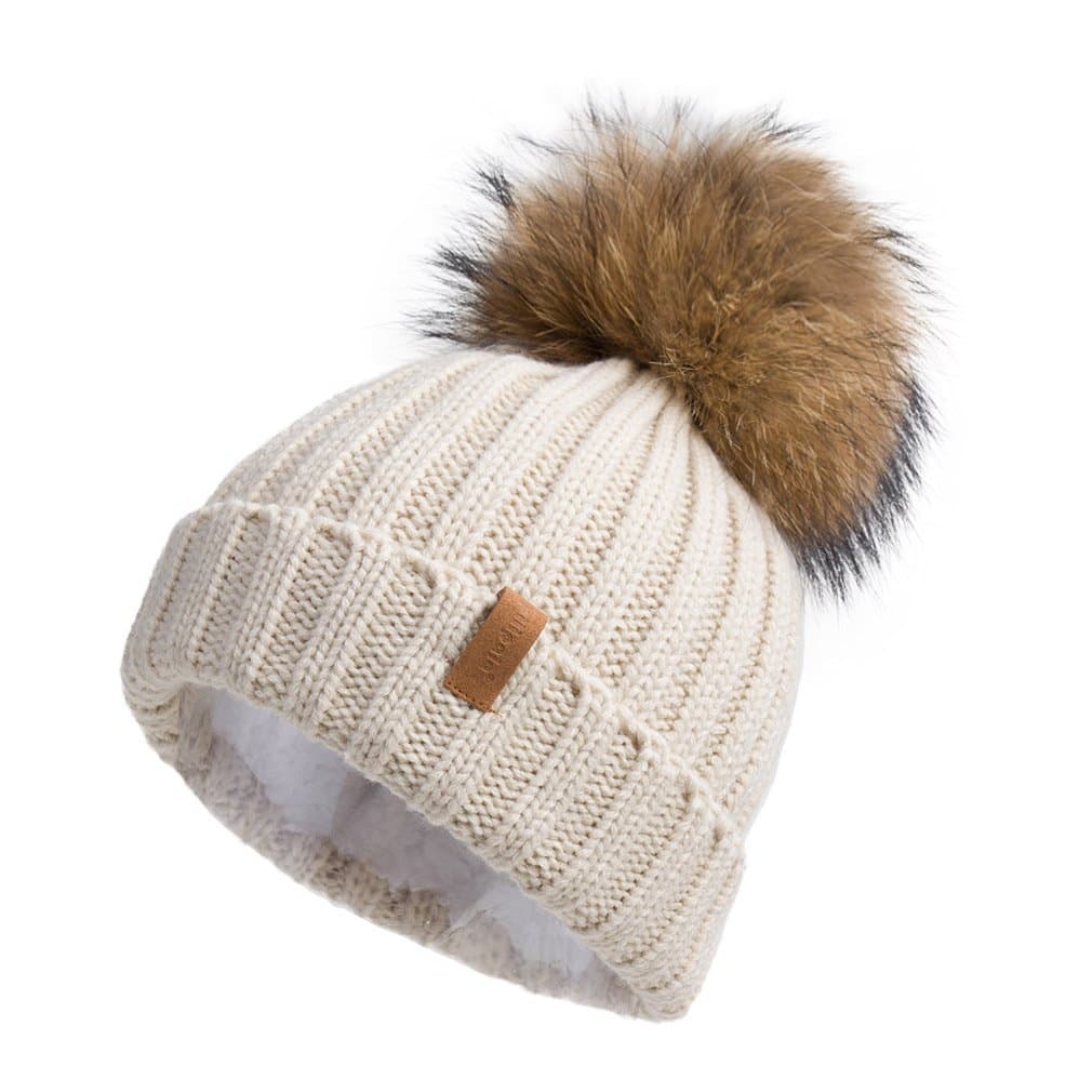 Womens Knit Beanies Hats with Fur Pom Bobble Hat Skull Cap Cable Beanie for Women