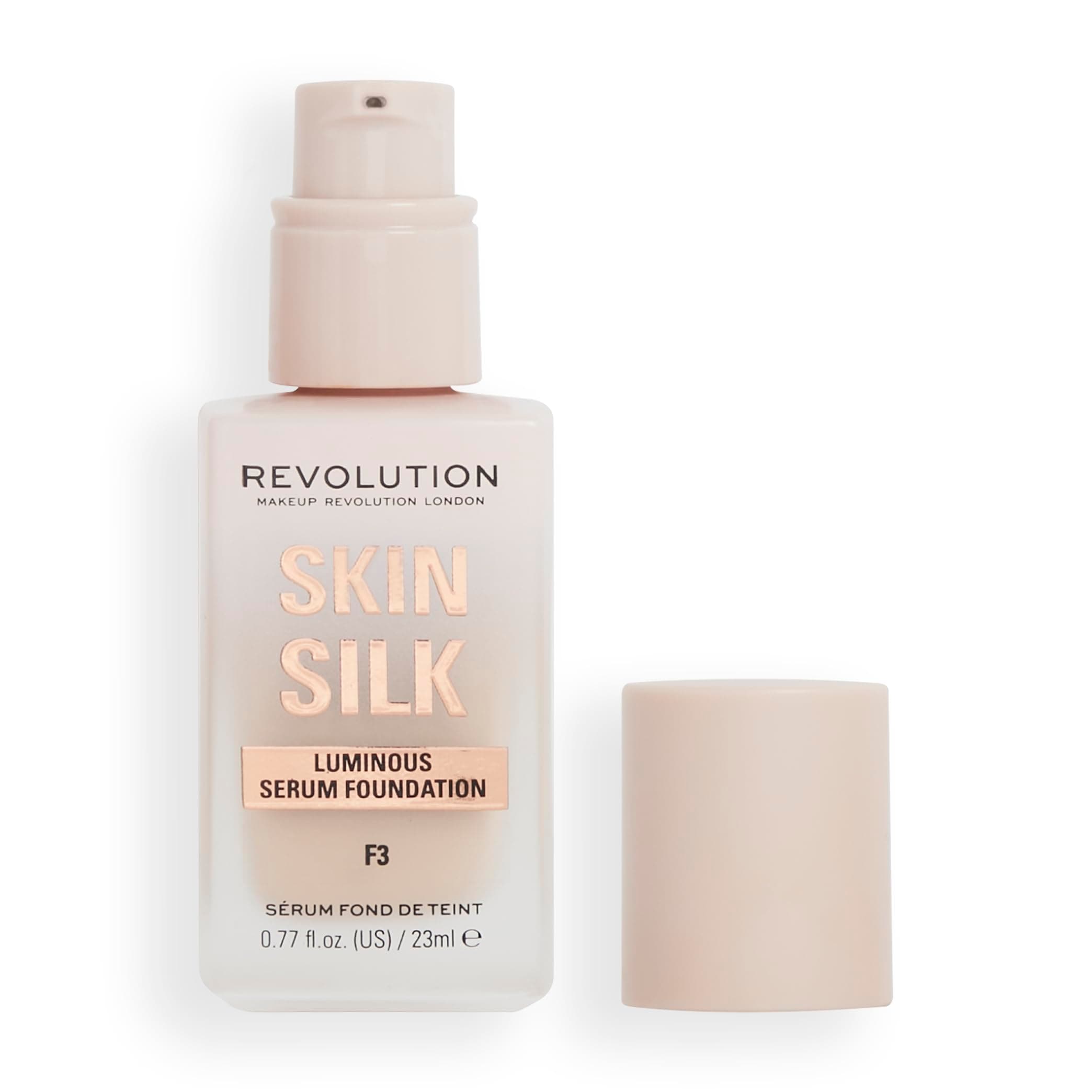 Revolution Skin Silk Radiant Satin Serum Foundation, Lightweight, Buildable Coverage with Hydrating Hyaluronic Acid for a Natural Finish, Vegan & Cruelty-Free, F3 Light Skin Tones, 0.77 fl oz