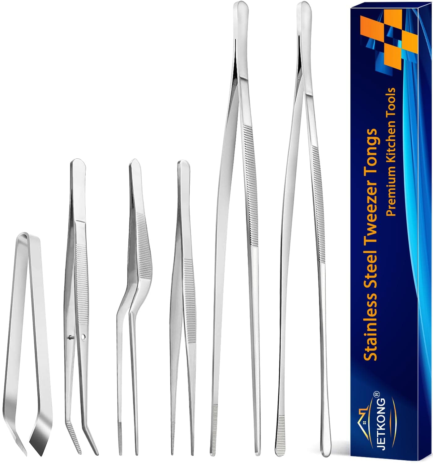 6 Pcs Fine Tweezer Tongs, 12'' and 6.3" Stainless Steel Food Tweezers Set, Professional Kitchen Long Tweezer for Cooking, Baking, Decorating, BBQ, Pet Feeding