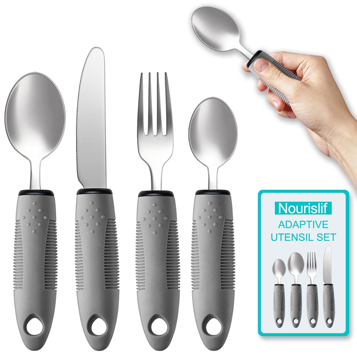 Adaptive Utensils 4pcs For Hand Tremors,Elderly, Arthritis,Parkinsons-Built Up Utensils For Adults–Easy Grip Aids handle–2.5oz Each Weighted Silverware For Hand Tremors