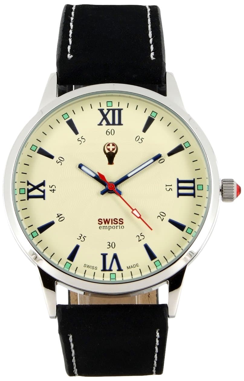Men's Quartz Swiss Made Watch with Beige Dial Analogue Display and Black Leather Strap SE03CRSL10
