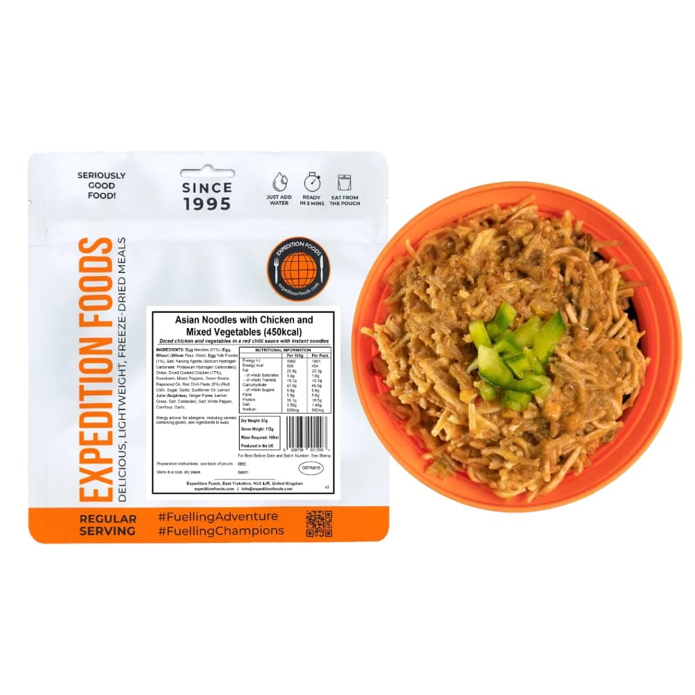 EXPEDITION FOODS Asian Noodles with Chicken and Mixed Vegetables (Single Serving / 450kcal) | Freeze-Dried Camping & Hiking Food
