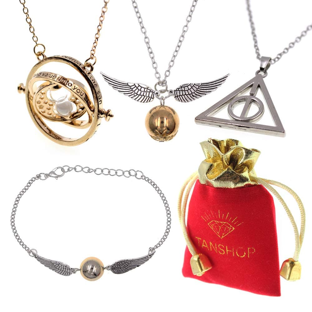 Harry Potter Inspired Necklace Set -Time Turner Deathly Hallows Golden Snitch Link Bracelets for Harry Potter Fans Gifts Collection Magical Cosplay Costume Jewelry Gift
