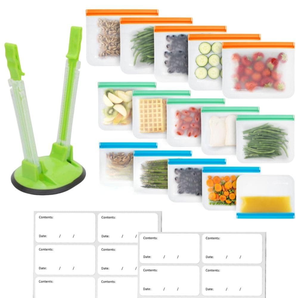 Meal Prep Storage Kit - 15 Reusable Freezer Bags, Baggy Rack, ...