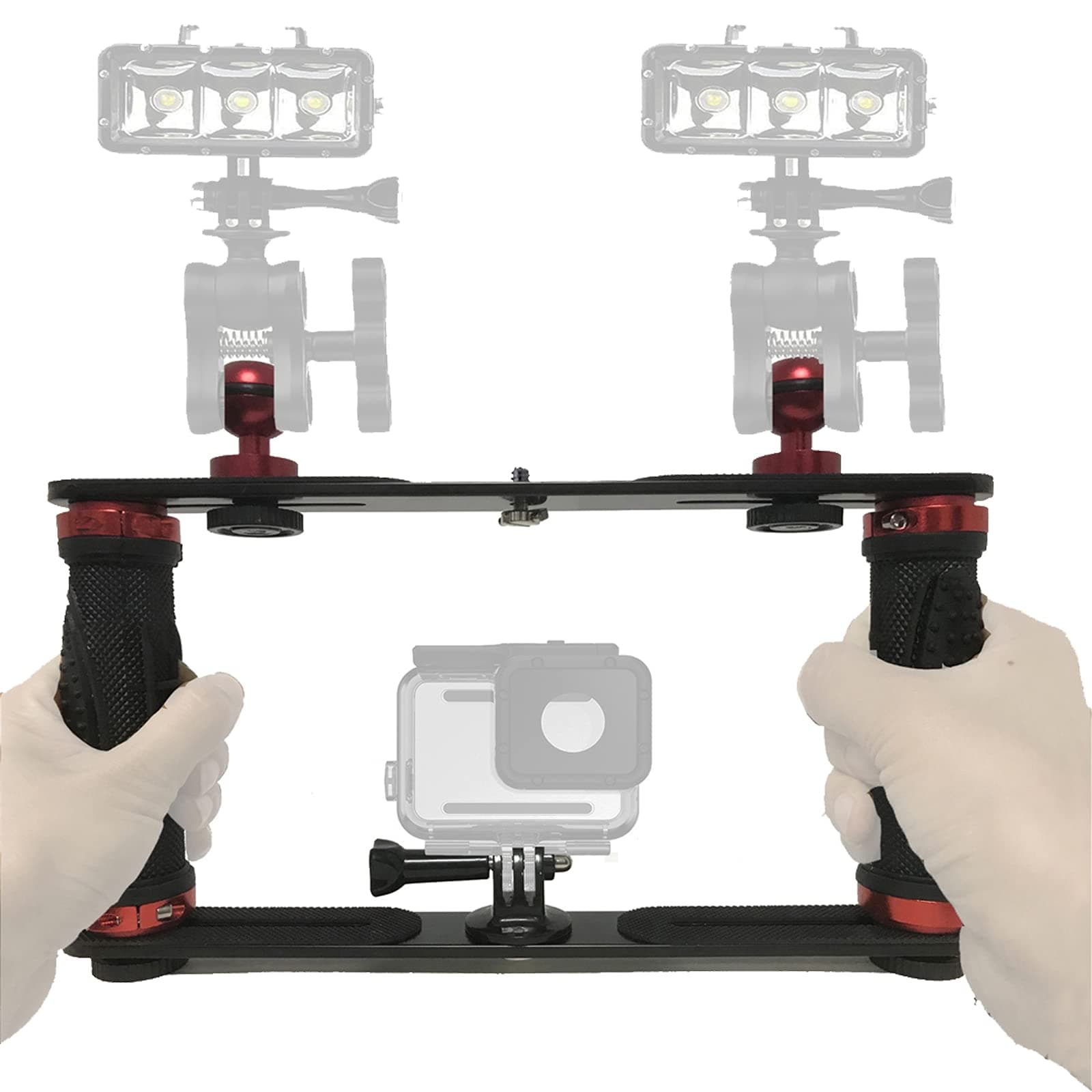 Aluminium Alloy Underwater Video Light Stabilizer Tray Dive Light Stand Tray with Two Aluminum Alloy 1'' Ball Handle for Action Camera and Any Other Camera with 1/4 inch Screw Hole