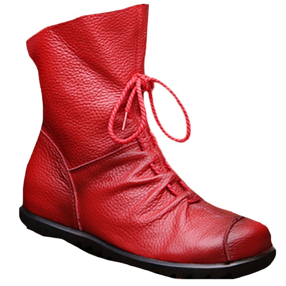 Voguees Women's Handmade Leather Inside Heighten Lace Up Boots Style 1 Red UK5.5-6/EU38.5-39/CH40