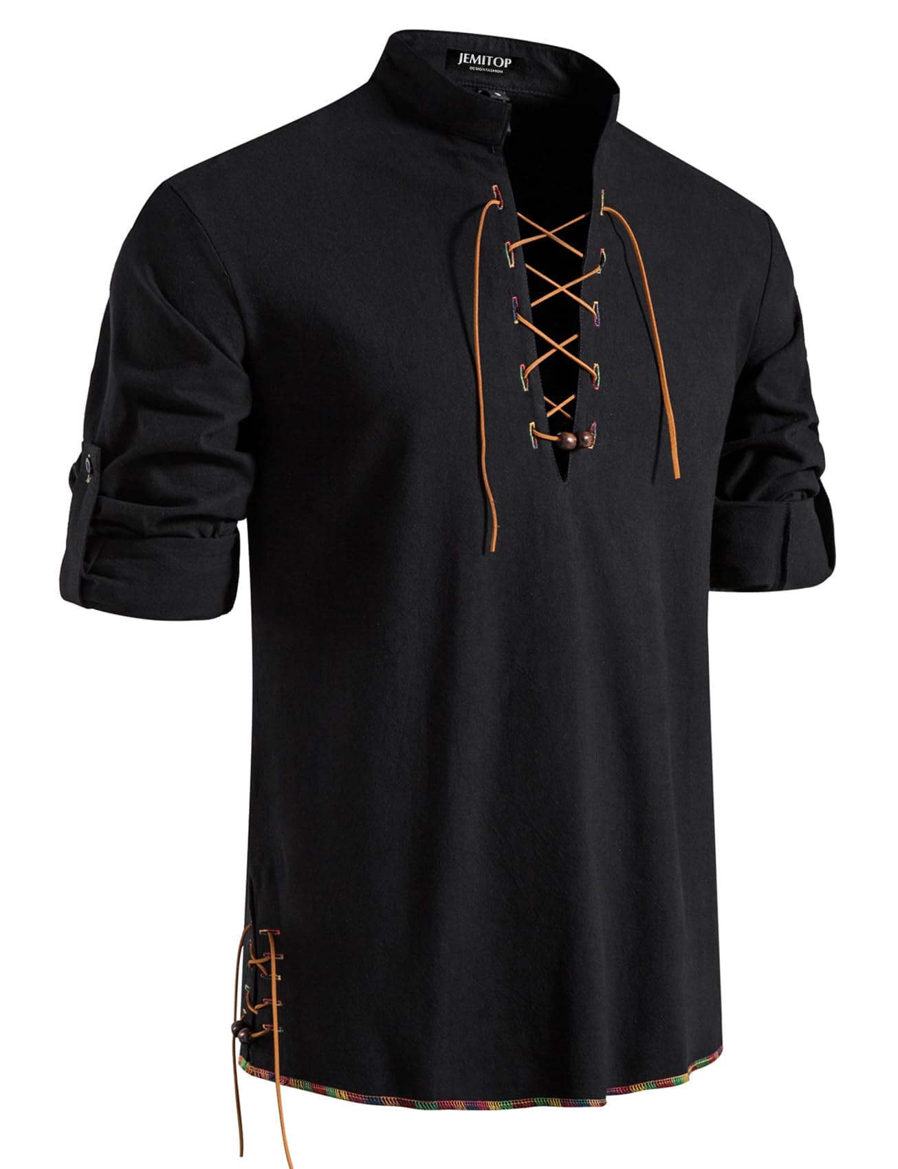 JEMITOPMen's Pure Cotton Retro Lace Up Shirts for Renaissance Pirate Viking Medieval