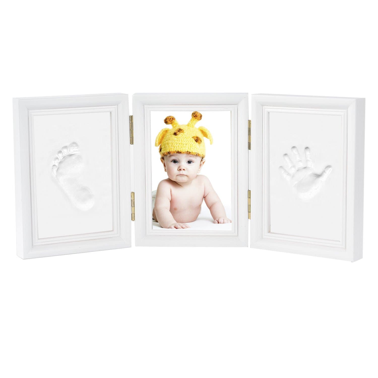 Baby Handprint and Footprint Kit Photo Frame Newborn Gifts Keepsakes for Table Decor, Premium Clay and Wood Frame (3 Parts, White)