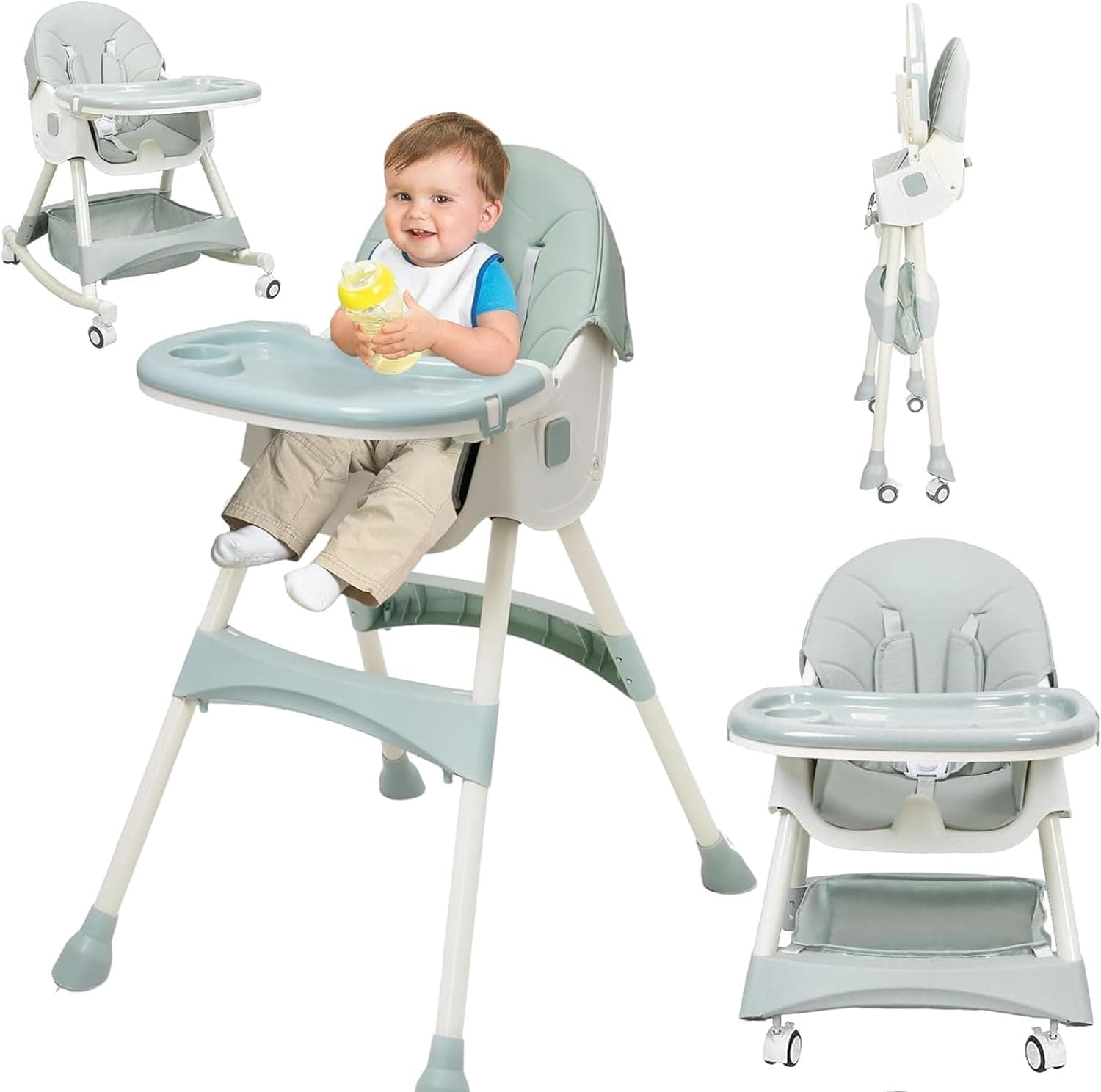 Ssonlun 6-in-1 Multifunctional Baby High Chair, Ages 6M-6Y, Green, Plastic & Leather, Portable, 5kg, 23kg Max Weight, Baby & Toddler Dining & Rocking Chair