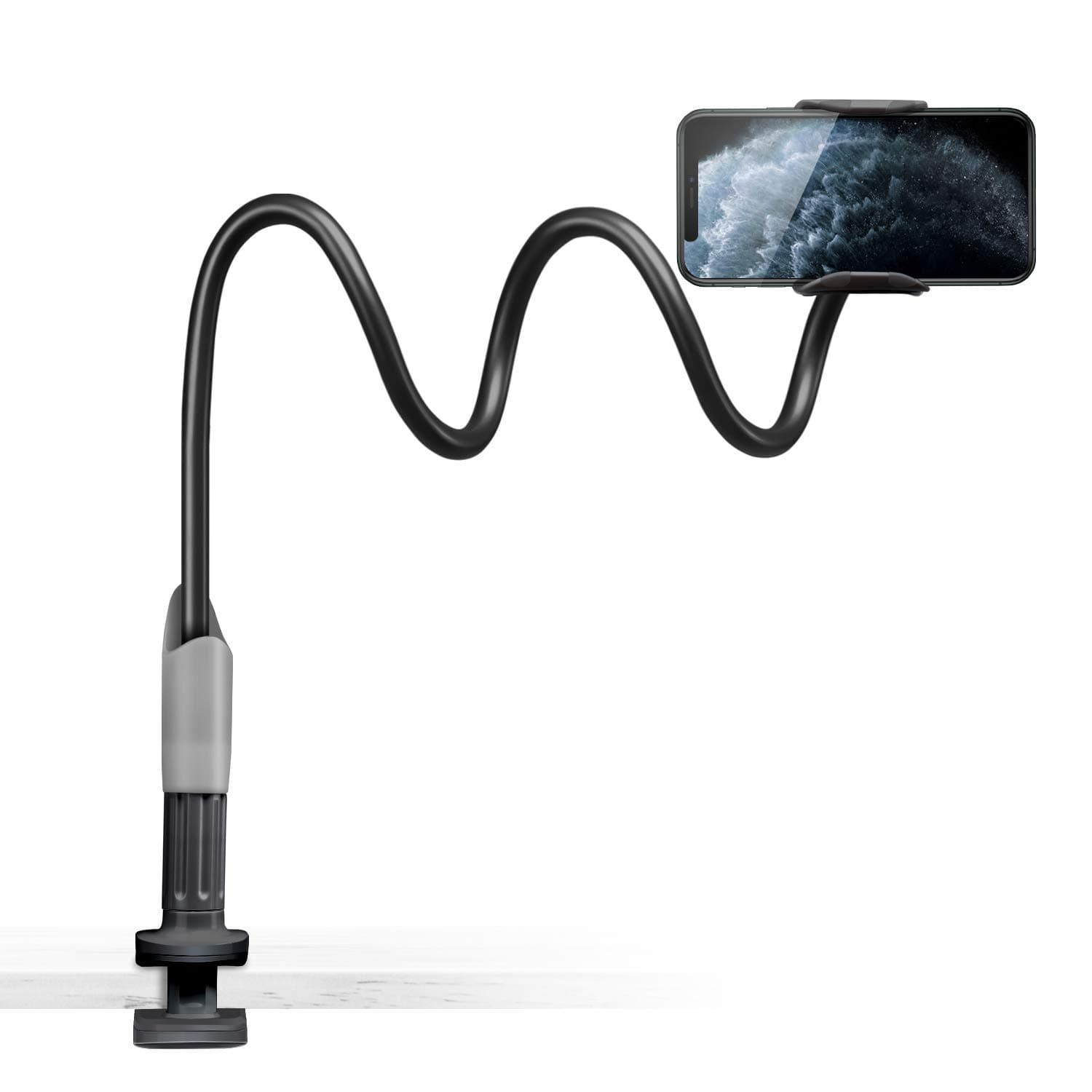 SAIJI Gooseneck Bed Phone Holder, Flexible Long Arm Phone Mount for Desk, Clip Bracket Clamp Stand, iPhone Stand, Mobile Cell Phone Stand Document Camera Nintendo Switch (Black)