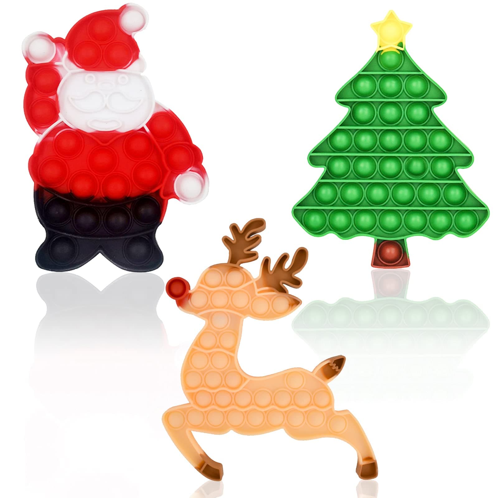 3 Packs Christmas Pop Fidget Toys - Push It Bubbles Poppers Fidgets Sensory Toy for Popping Christmas Tree Elk Moose Santa Claus Decorations Party Decor, Stress Relief for Kids Adults Office School