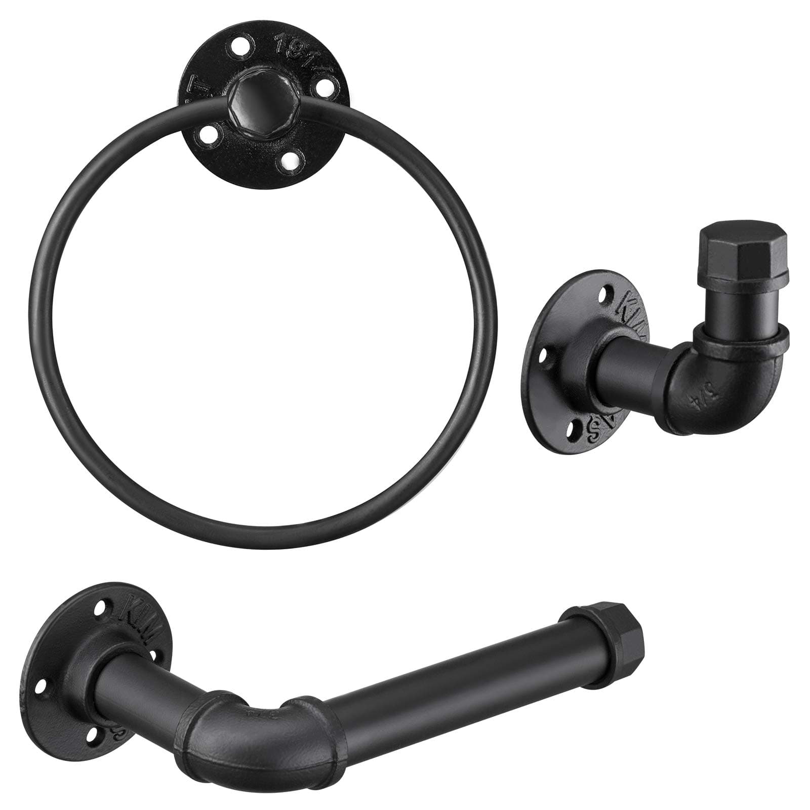 Industrial Black Bathroom Hardware Set, Wall Mounted Hardware Accessories, Includes Toilet Paper Holder Towel Ring Towel Hook Set, Matte Black Iron Finish for Bathroom 3PCS