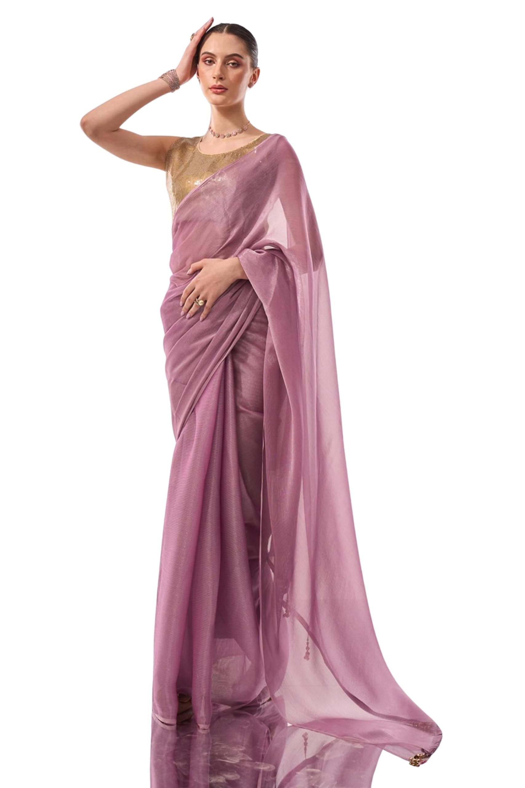 SWADESI STUFF Womens Dual Shade Shimmer Chiffon Saree With Latkan