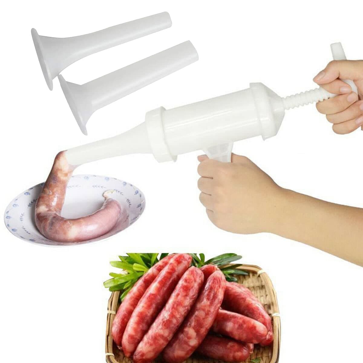 Womens Manual Sausage Machine Meat Stuffer Filler Hand Operated Salami Maker+Funnel, White, Large