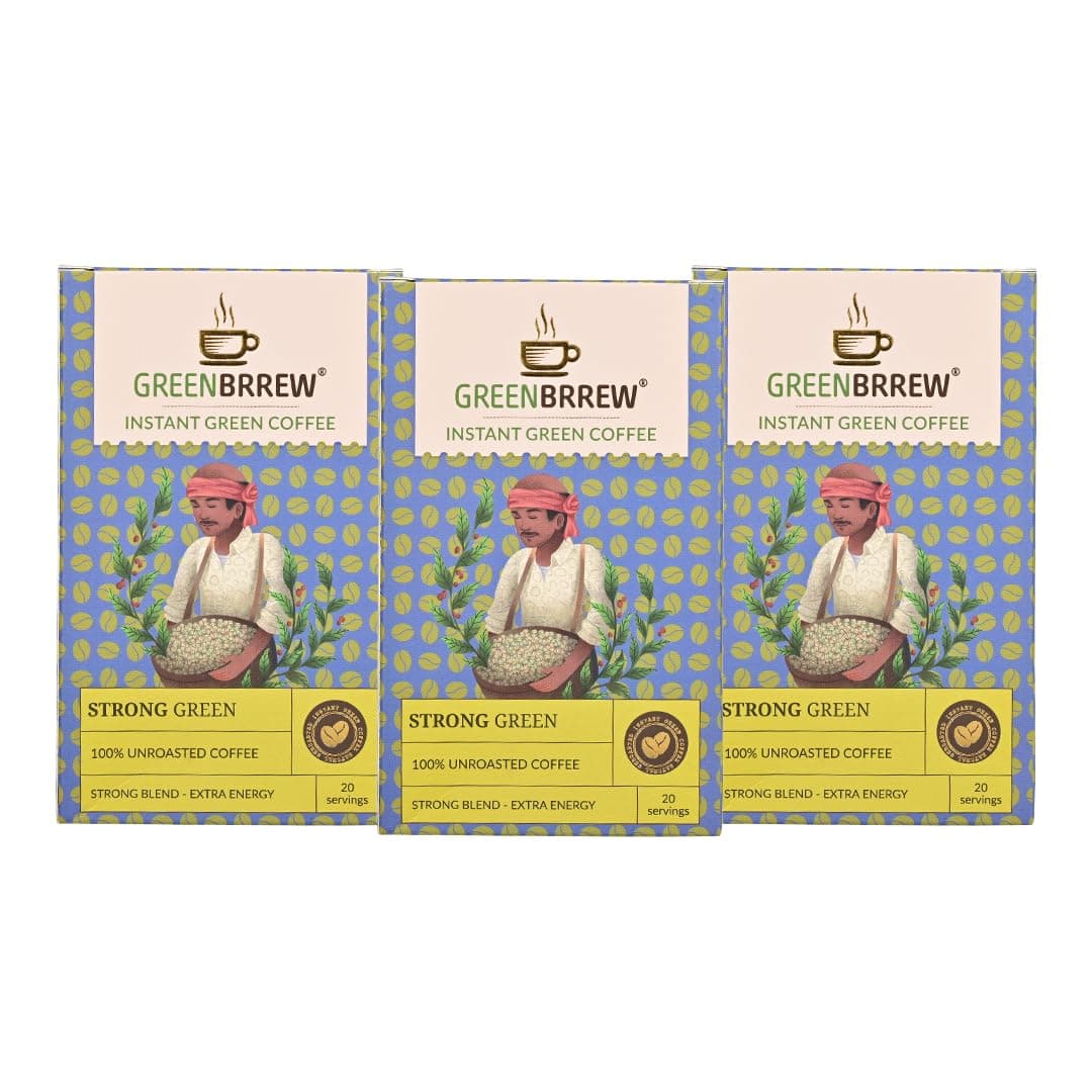 Greenbrrew Strong Green | 100% Unroasted Coffee | Strong Blend | Extra Energy | 20 Servings | 60g (Pack Of 3)