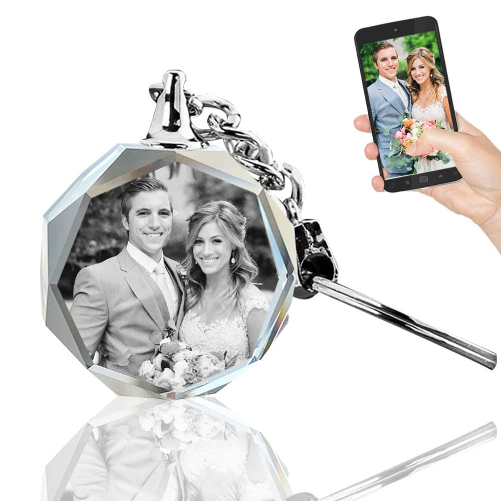 QIANRUNA Personalized Custom LED Laser Engraved Etched Crystal Glass Heart Keychain Key Rings for Gifts