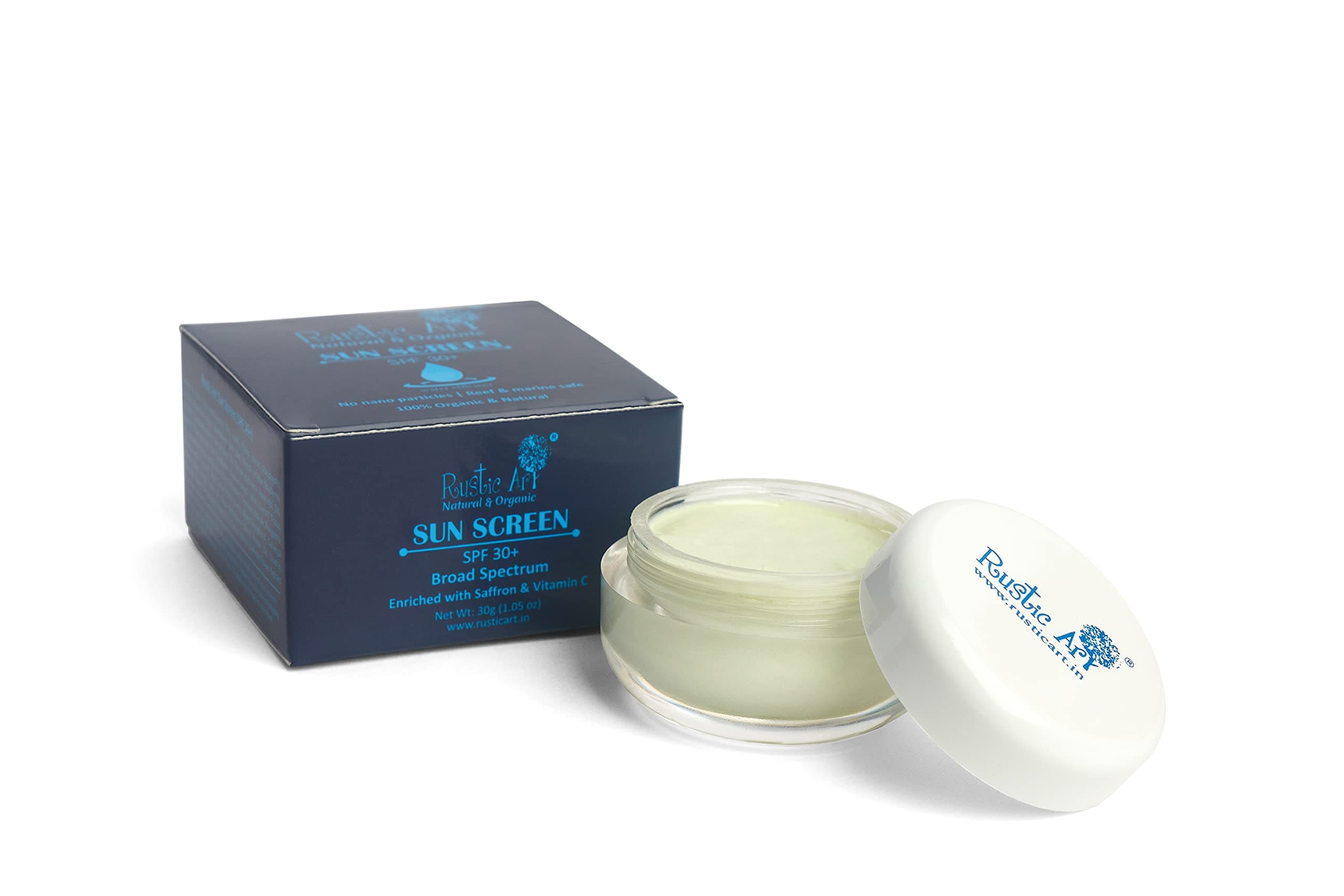 Rustic Art Vitamin C Mineral Sunscreen | SPF 30+ | For All Skin Types, Acne Prone | Nourishing & Non-sticky | Waterless, Organic, Vegan, Marine Safe | For Women & Men | 30g