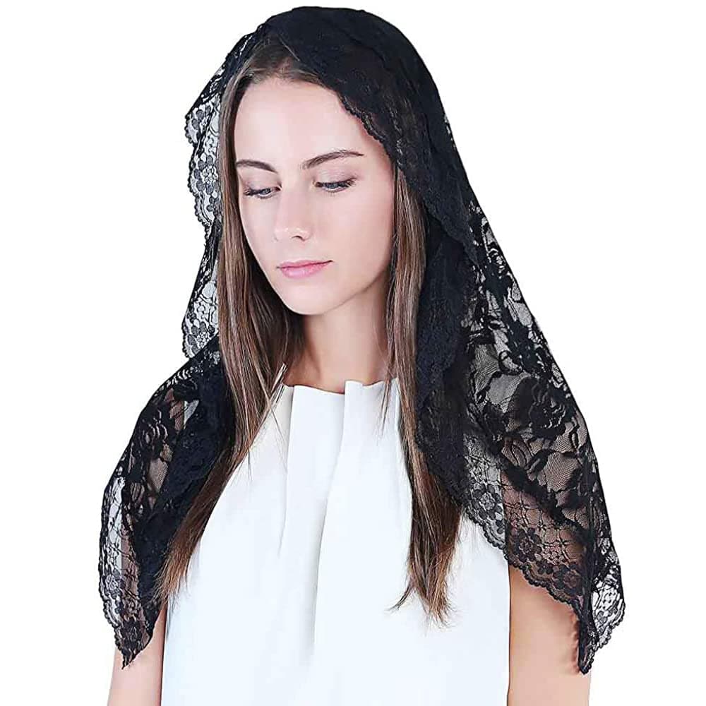 Mantilla Veil for Mass, Chapel, and Church - Lace Shoulder Length Veil in Black or White - Women's and Girls' First Communion Gifts