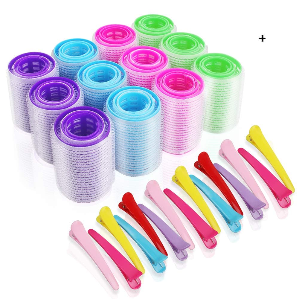 36 Pcs Self Grip Hair Roller Set in 3 Sizes and 15 Pcs Plastic Duck Teeth Bows Hair Clips, Self Holding Rollers Salon Hairdressing Curlers for Hair Styling (44mm + 36mm + 25mm)