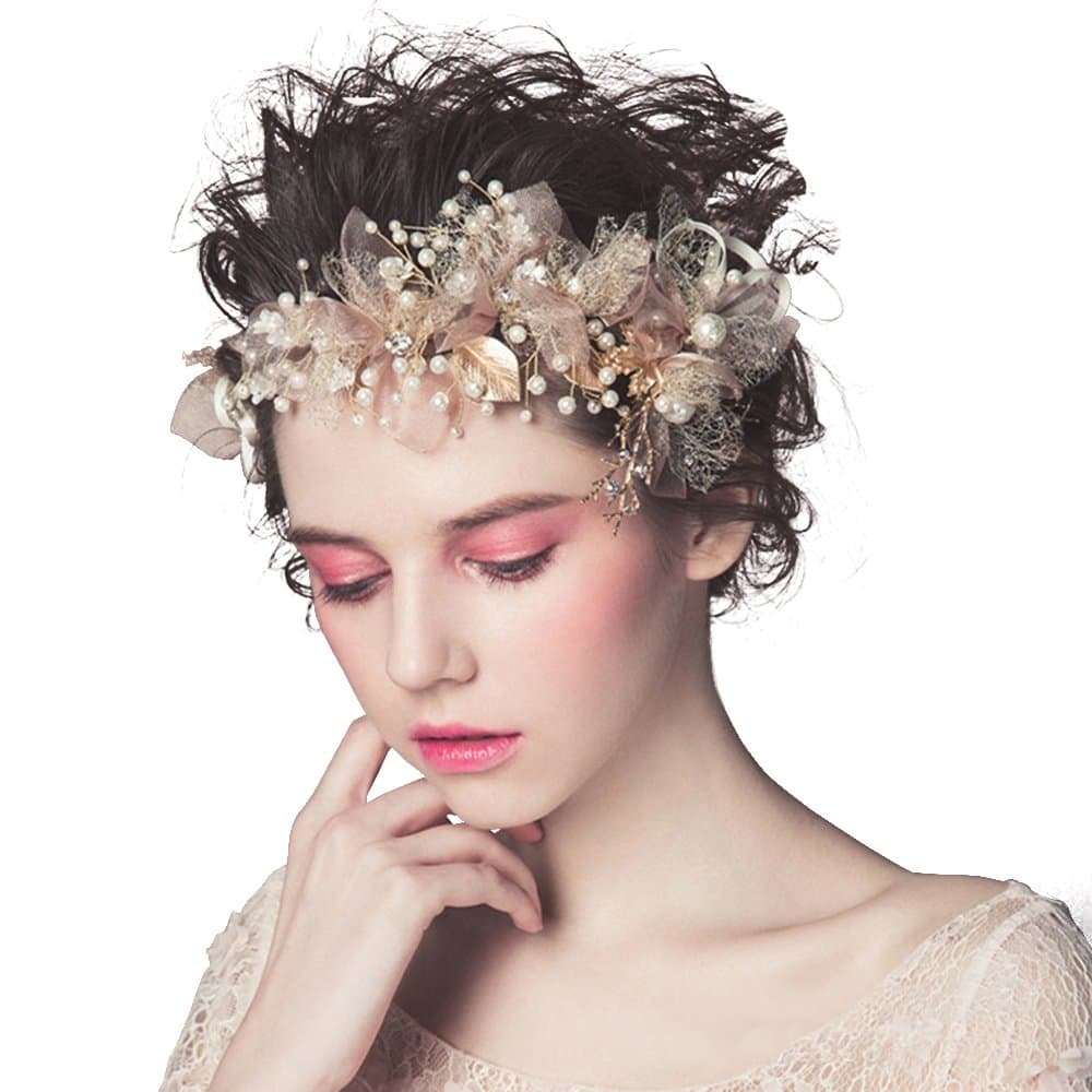 Art Deco Wedding Headpieces Vintage Inspired Bridal Headband Pearl Rhinestone Pink Art Deco 1920's Hair Vine (Pink)