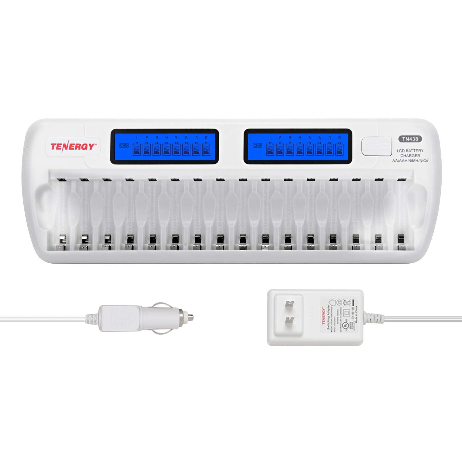 Tenergy TN438 16-Bay Auto-detect AA/AAA NIMH/NICD LCD Built-in IC protection Smart Intelligent Battery Charger With AC Wall Adapter And Car Adaptor