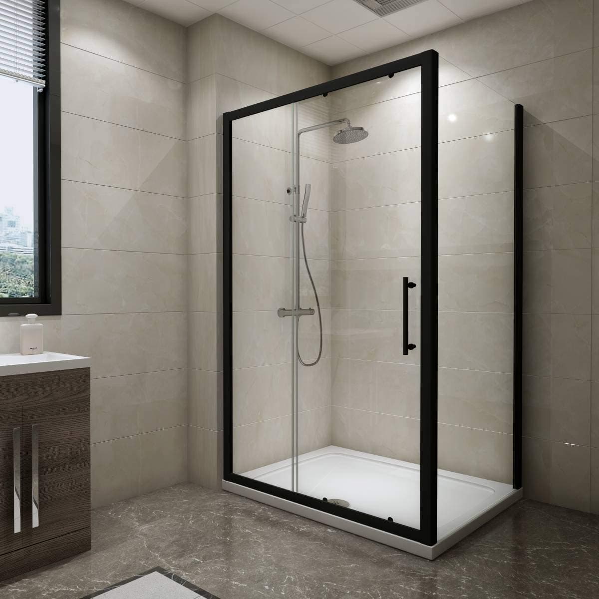 Aquariss Black 1200 x 900mm Sliding Door Shower Enclosure Cubicle Easy Clean Glass - with Shower Tray & Waste